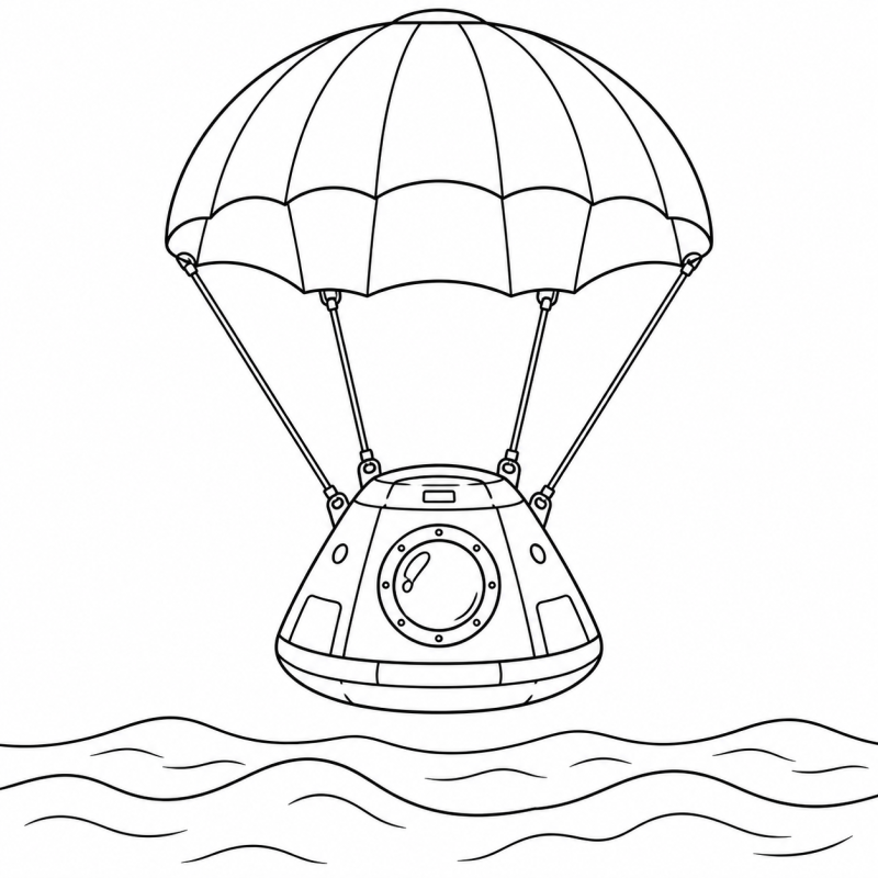 A cápsula espacial retorna em direção ao oceano com um grande paraquedas aberto.