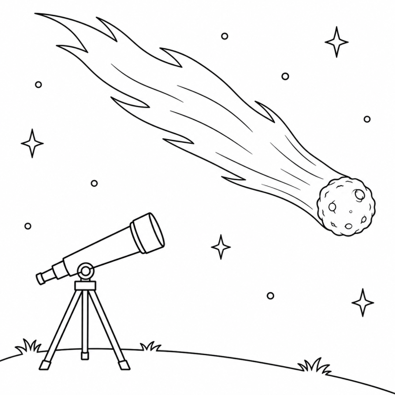 Cometa de cauda longa no céu e telescópio em tripé sobre uma colina