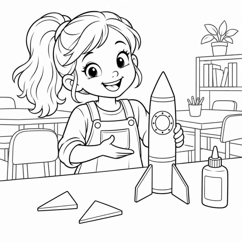 Uma criança apresenta sua maquete de foguete sobre a mesa.