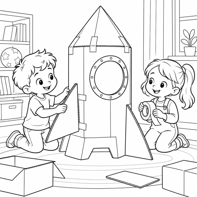 Duas crianças montam um foguete de brincadeira usando papelão.