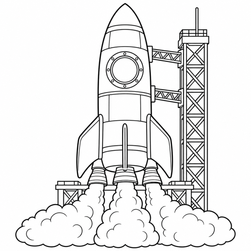 O foguete está preparado na plataforma, ao lado de uma torre de apoio.