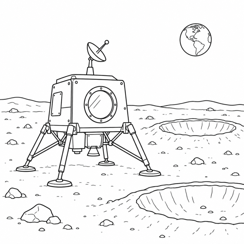 Módulo lunar com quatro pernas pousado entre crateras e Terra ao fundo