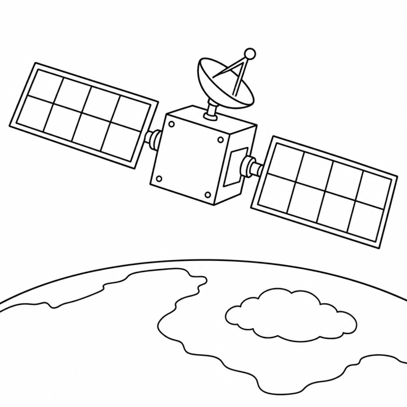 Satélite de corpo quadrado, dois painéis solares e antena sobre a Terra