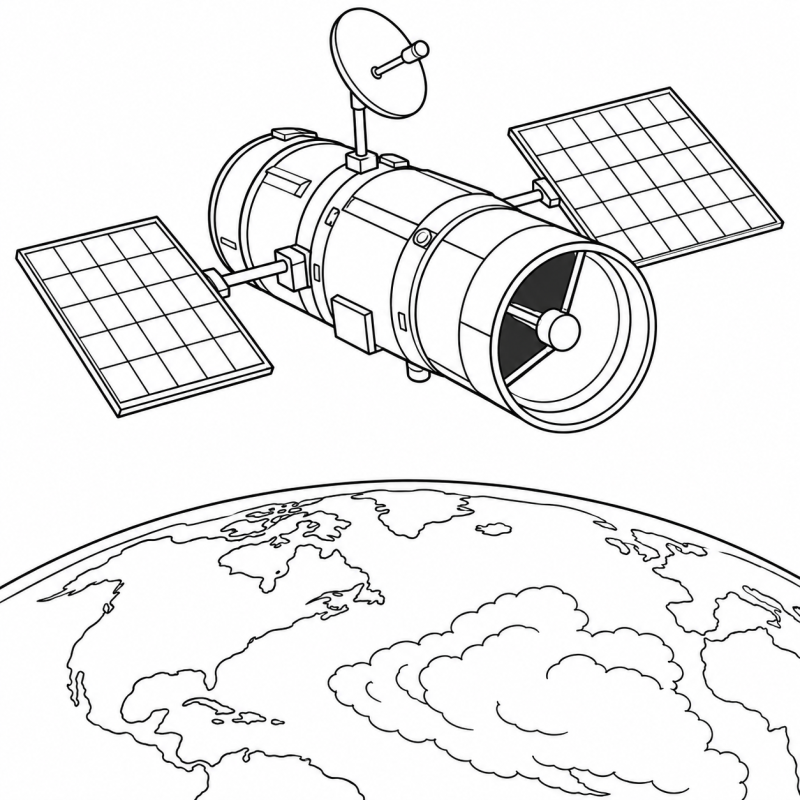 Telescópio espacial cilíndrico com dois painéis solares acima da Terra