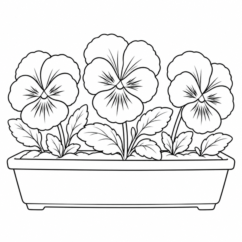 Três flores de amor-perfeito em jardineira retangular
