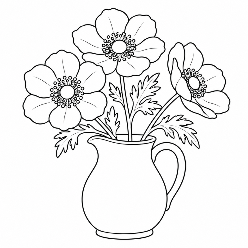 Desenho para colorir de três anêmonas com miolos circulares em um jarro com alça