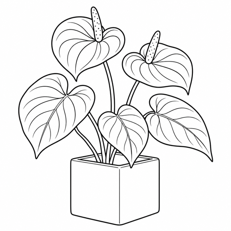 Desenho para colorir de um antúrio com estruturas em forma de coração e espigas alongadas em um vaso quadrado