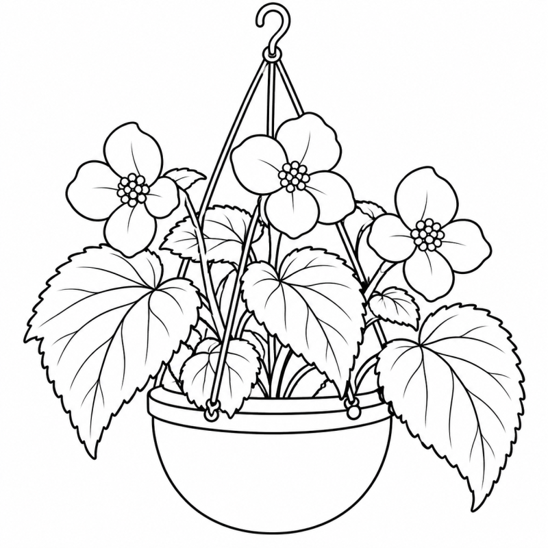 Desenho para colorir de begônia florida com folhas assimétricas em um vaso de pendurar