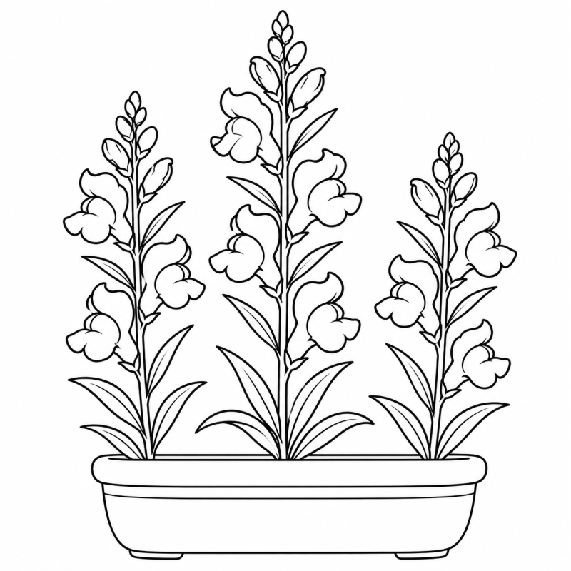 Desenho para colorir de flores de boca-de-leão em hastes verticais dentro de uma jardineira baixa