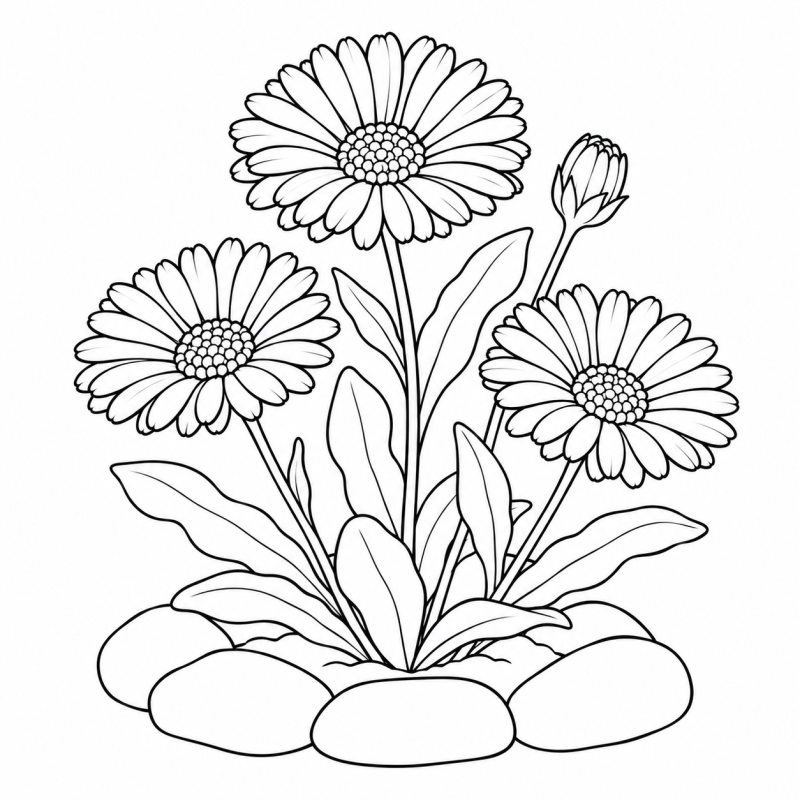 Desenho para colorir de calêndulas com pétalas alongadas em um pequeno canteiro cercado por pedras