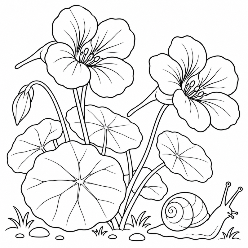 Desenho para colorir de flores de capuchinha com folhas redondas e um caracol