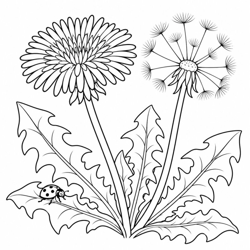 Desenho para colorir de dente-de-leão com flor aberta, esfera de sementes e joaninha na folha