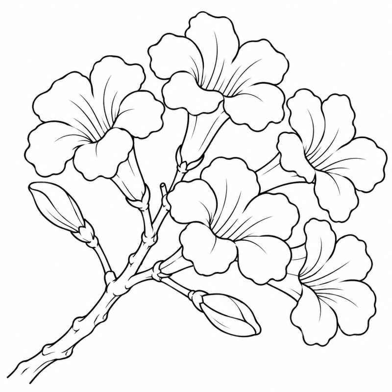 Ramo de ipê com flores em forma de trombeta e botões