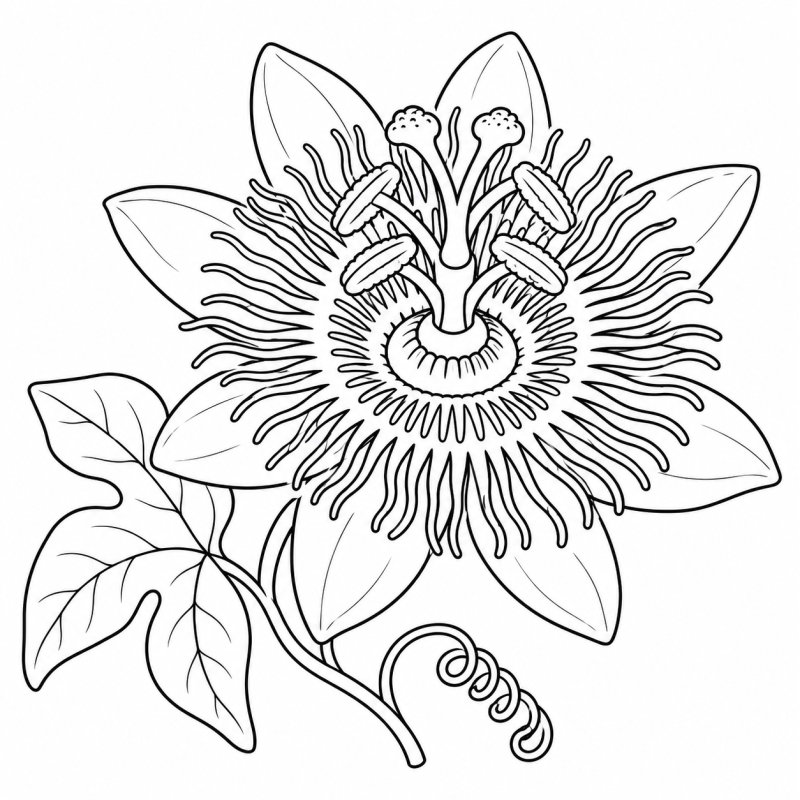 Flor de maracujá com filamentos radiais, folha e gavinha