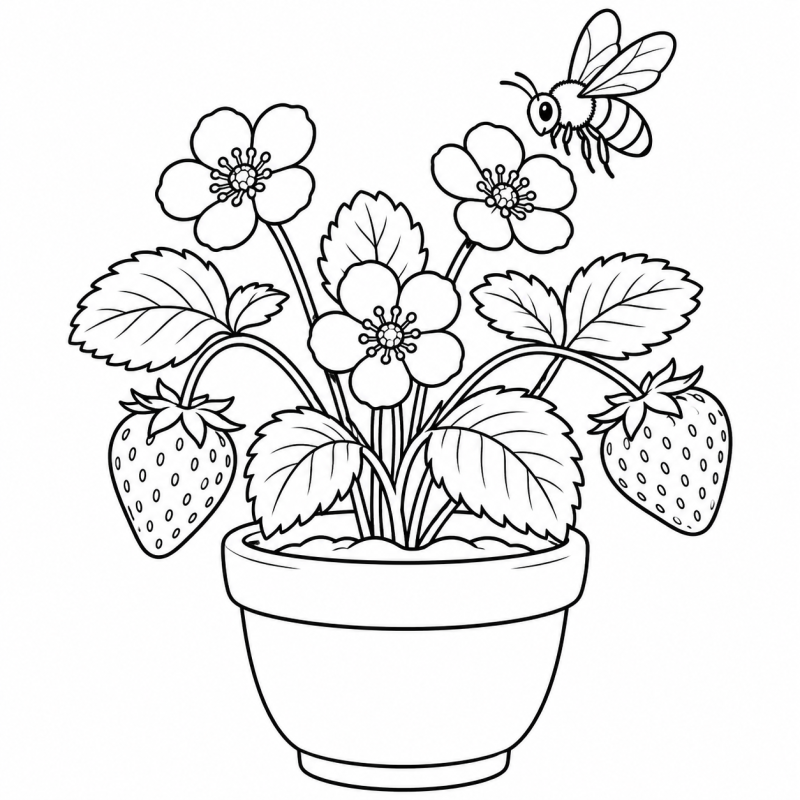 Morangueiro com flores, frutos e abelha em vaso