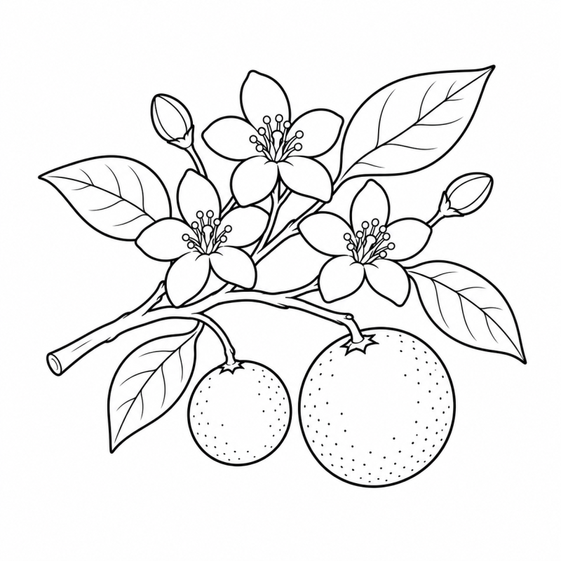 Desenho para colorir de um ramo de laranjeira com flores abertas, botões, folhas ovais e duas laranjas