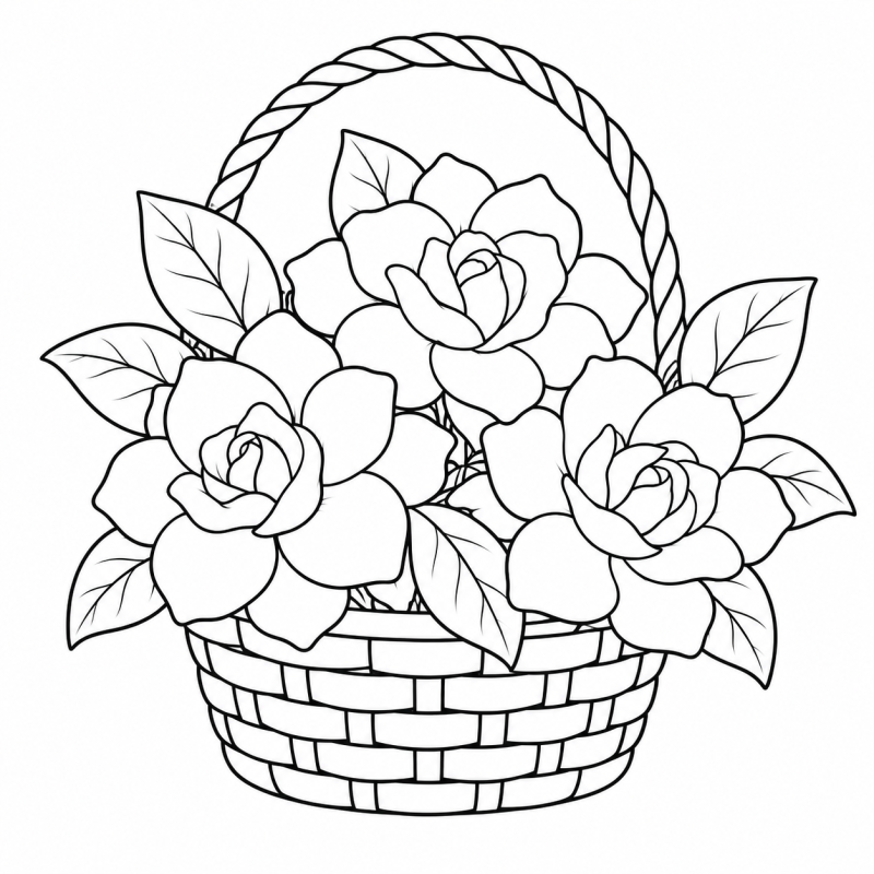 Desenho para colorir de gardênias com pétalas sobrepostas e folhas ovais em uma cesta com alça