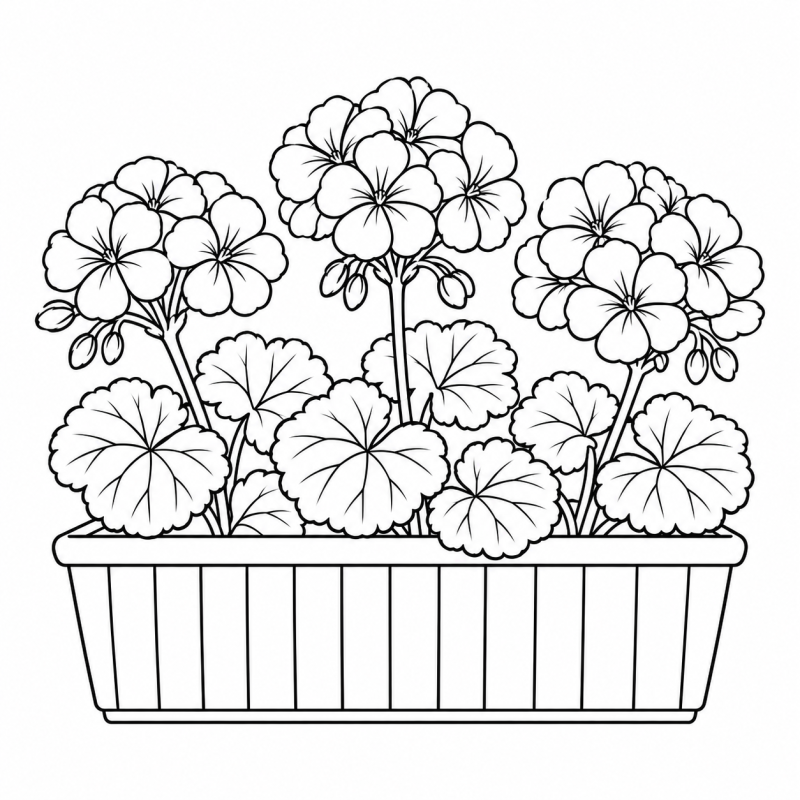 Desenho para colorir de gerânios com folhas arredondadas em uma jardineira listrada