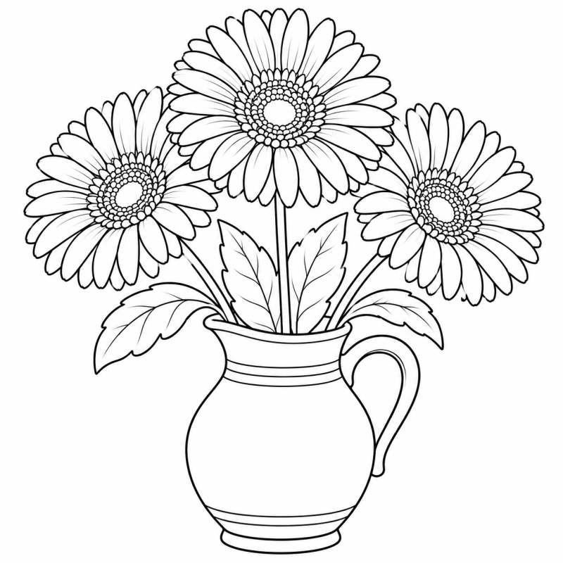 Três gerberas abertas com folhas em uma jarra de cerâmica