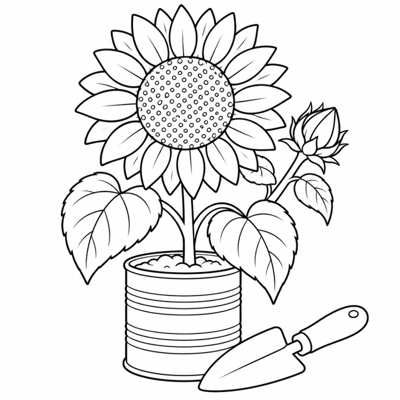Desenho para colorir de girassol crescendo em uma lata junto a uma pequena pá de jardinagem