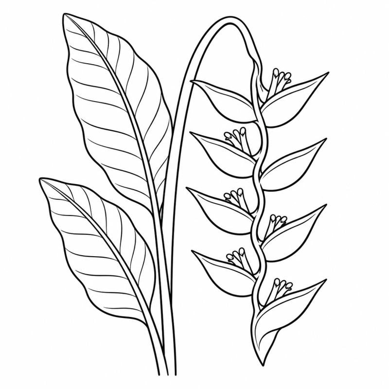 Desenho para colorir de uma helicônia com cacho pendente de estruturas pontudas e folhas largas