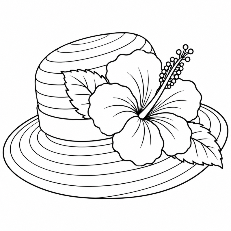 Desenho para colorir de flor de hibisco com folhas enfeitando um chapéu de palha