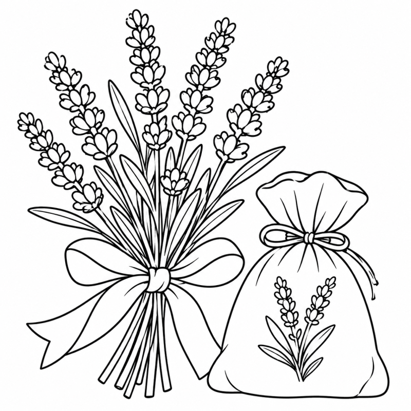 Desenho para colorir de ramo de lavanda amarrado com laço ao lado de um sachê de tecido