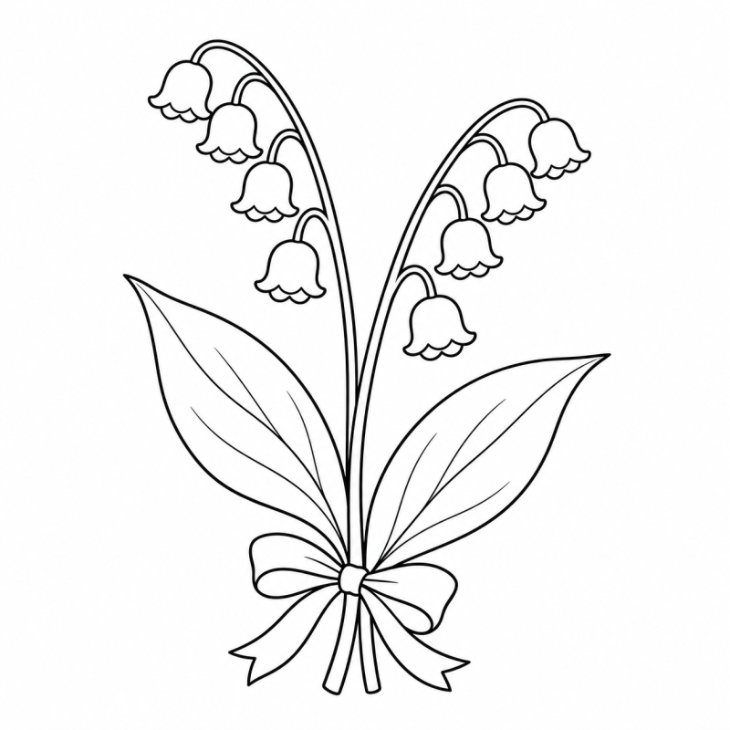 Desenho para colorir de um ramo de lírio-do-vale com flores em forma de sino, folhas compridas e laço