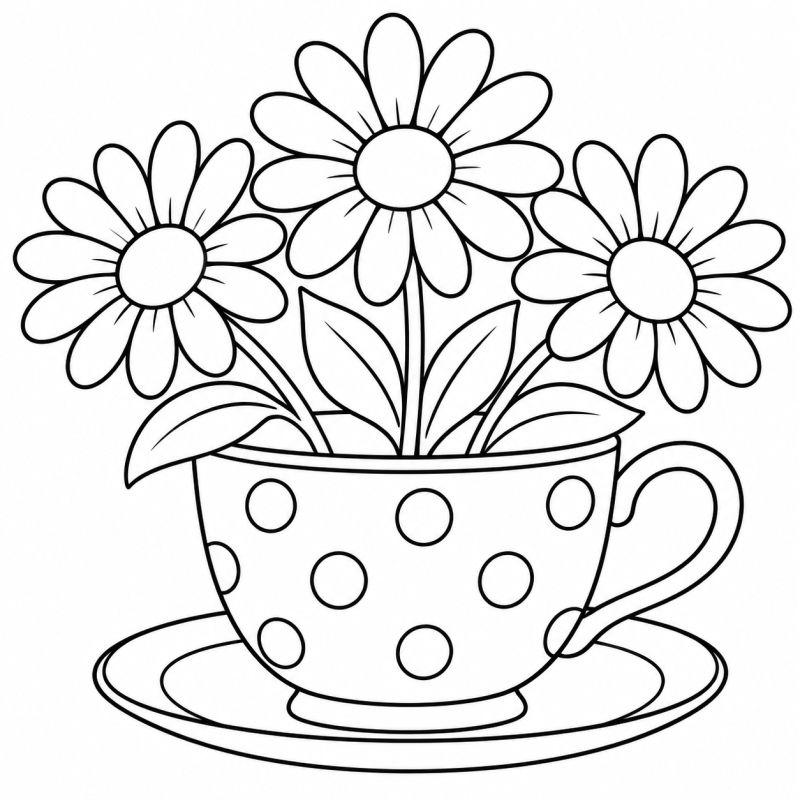 Desenho para colorir de margaridas em uma xícara de bolinhas com alça e pires