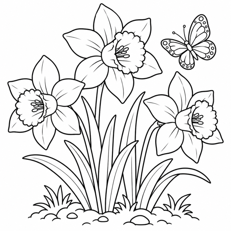 Narcisos com miolos em forma de trombeta e borboleta no jardim