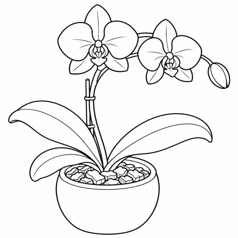 Desenho para colorir de orquídea de duas flores e um botão em vaso com pedaços de casca de árvore