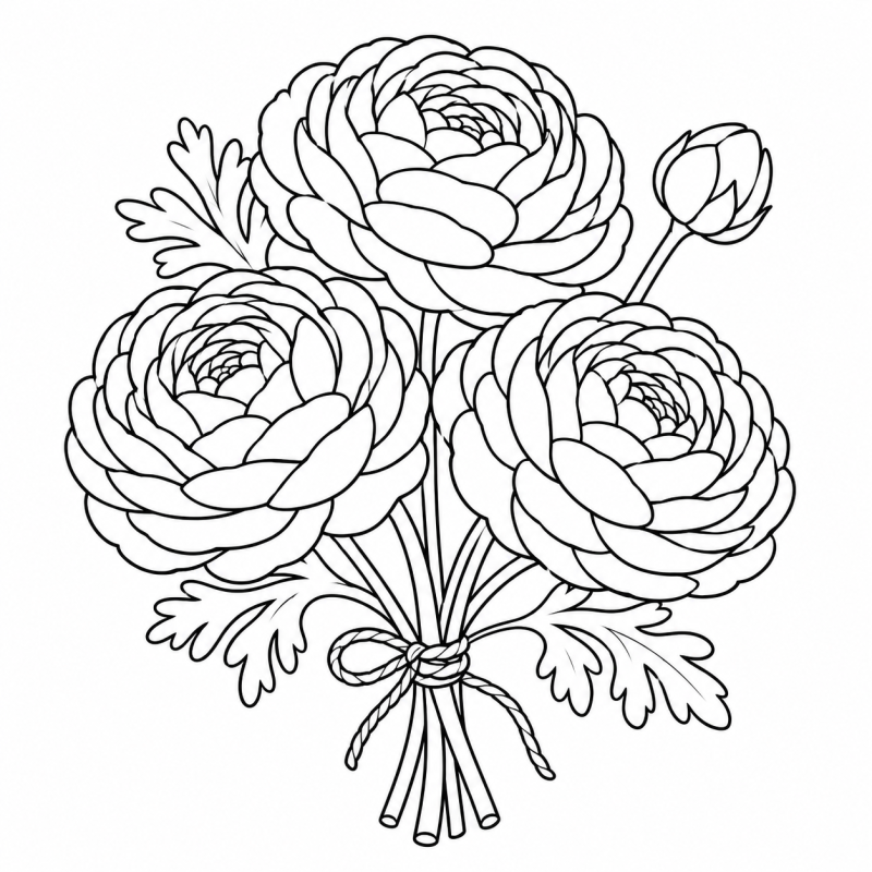 Desenho para colorir de um buquê de ranúnculos com pétalas em camadas e caules amarrados com barbante