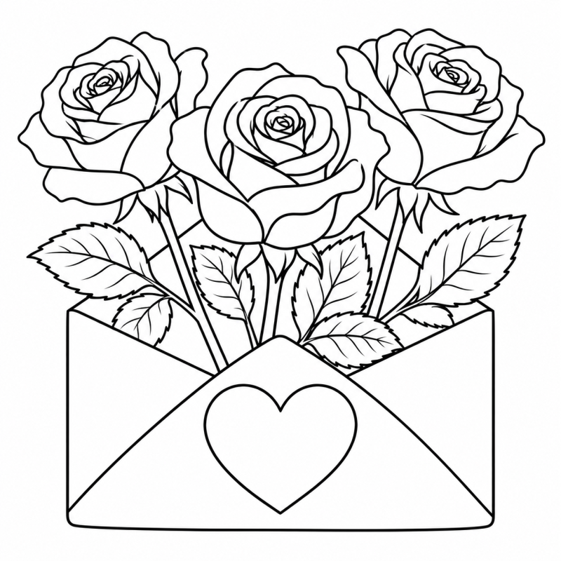 Desenho para colorir de rosas dentro de um envelope aberto decorado com coração
