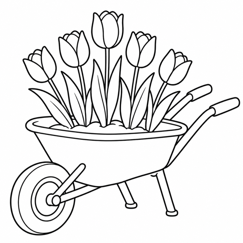 Desenho para colorir de tulipas com folhas compridas dentro de um carrinho de mão