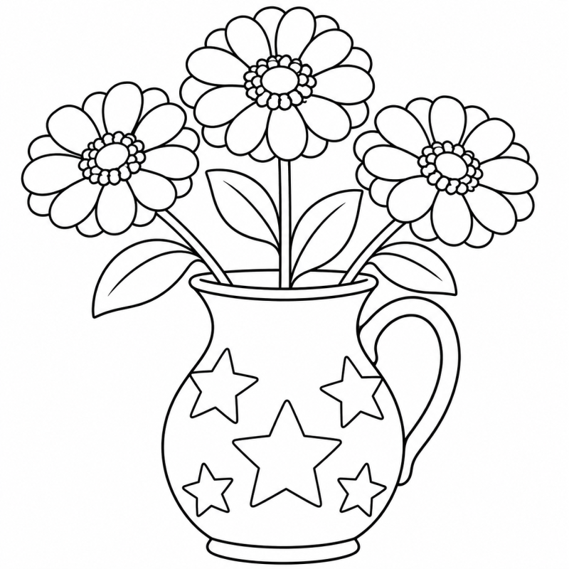 Desenho para colorir de zínias de pétalas em camadas dentro de uma jarra decorada com estrelas