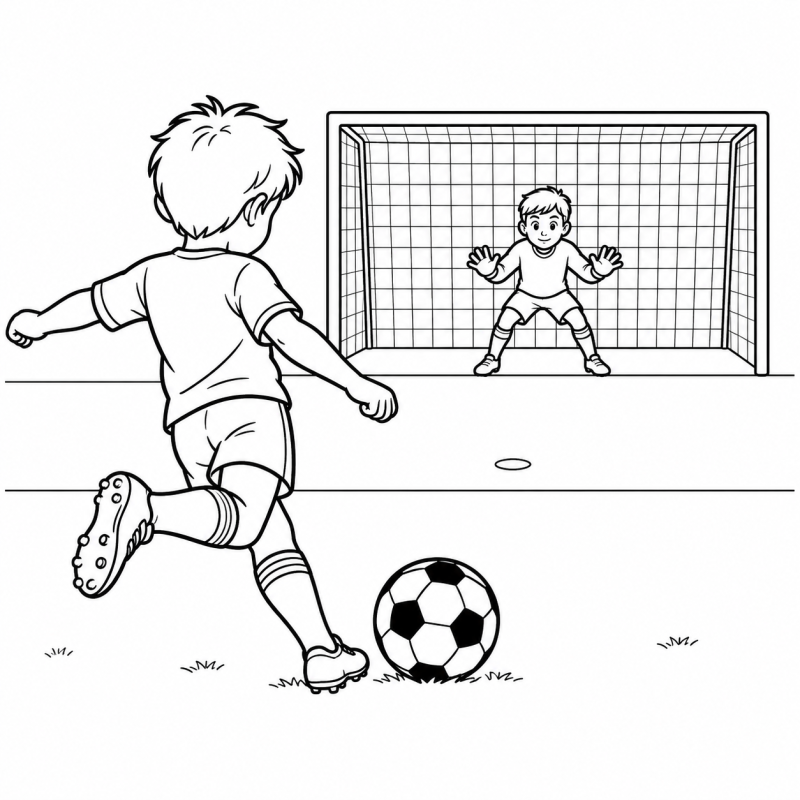 Criança cobrando pênalti no futebol