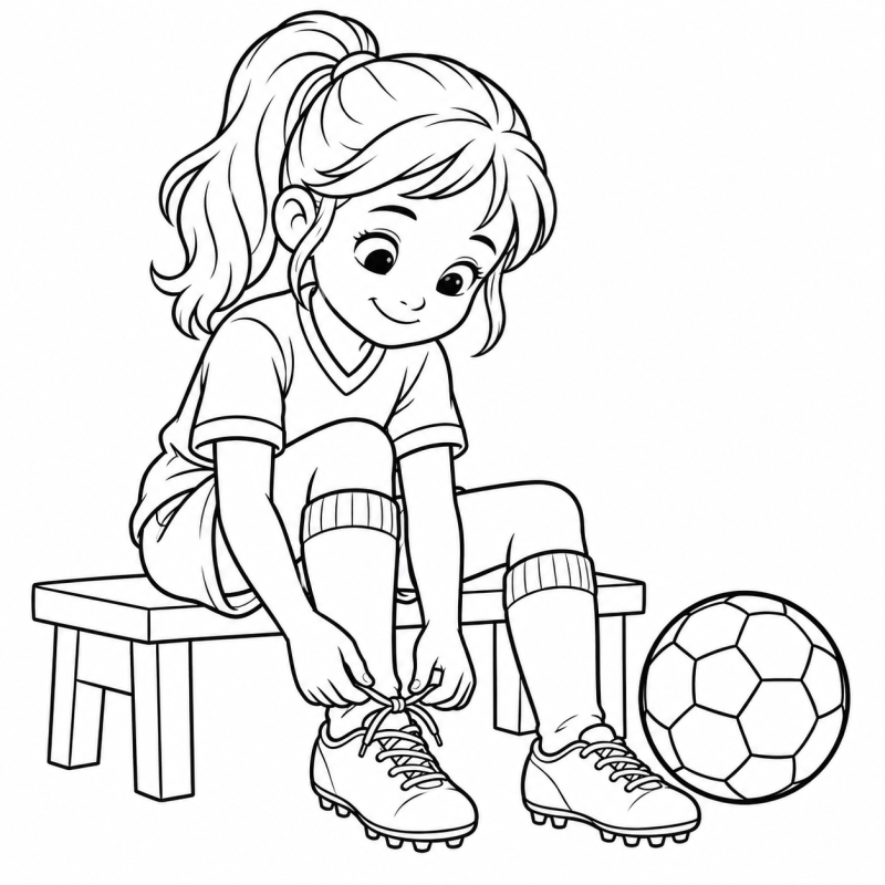 Menina amarrando chuteira sentada em banco com bola de futebol ao lado