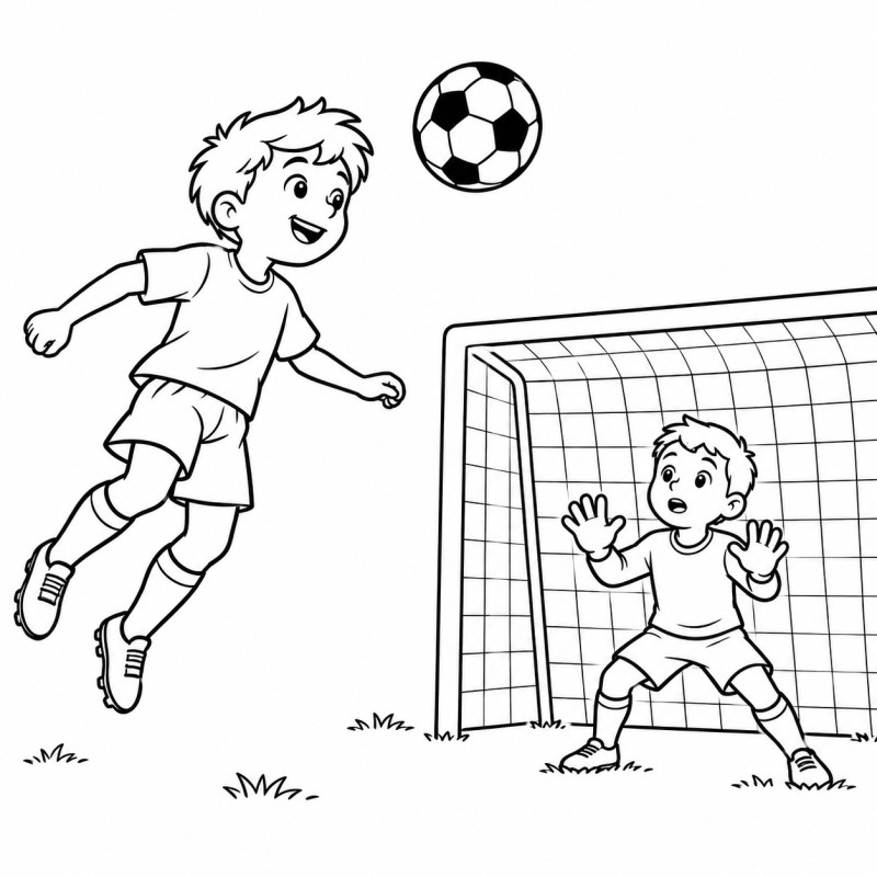 Criança cabeceando a bola perto do gol