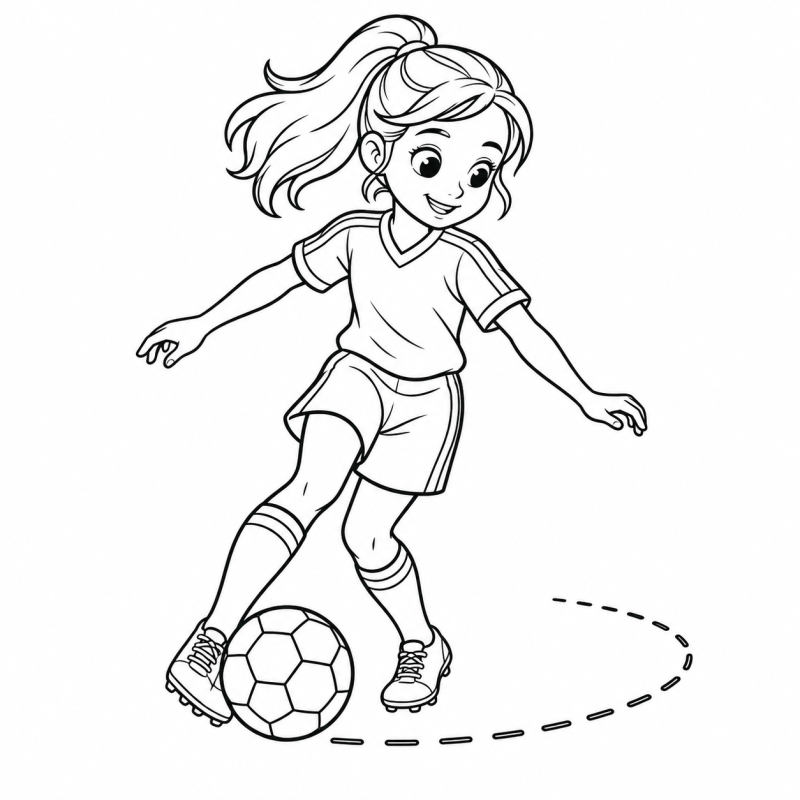 Menina conduzindo bola de futebol ao lado de percurso curvo pontilhado