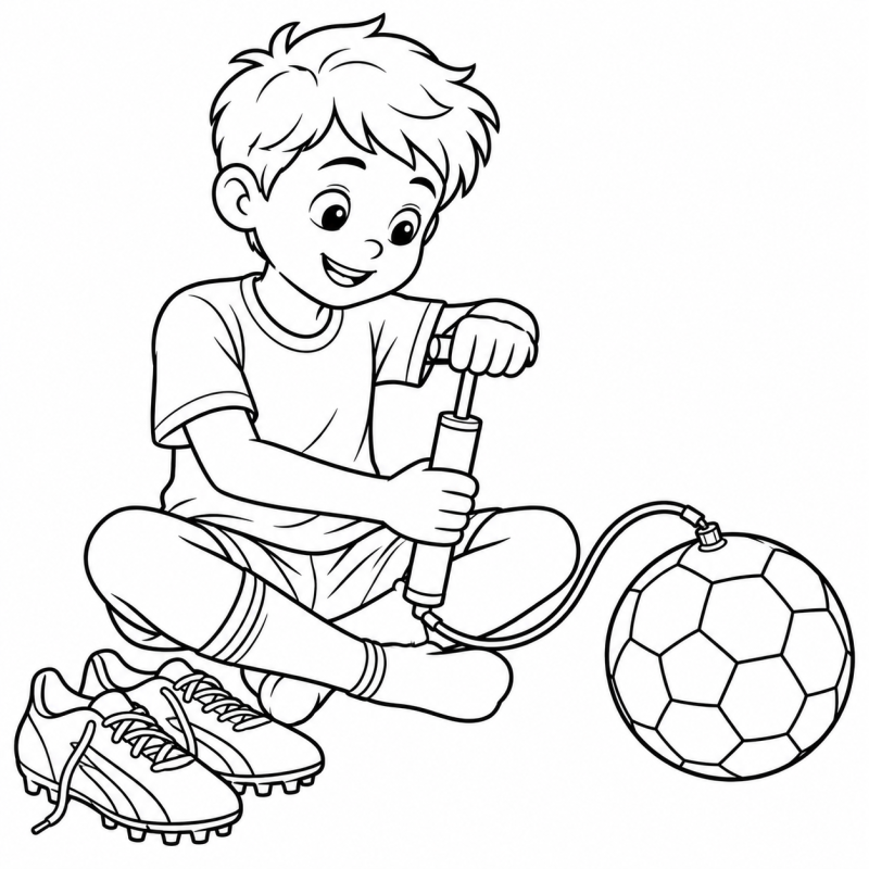 Menino sentado usando bomba manual ligada a bola de futebol