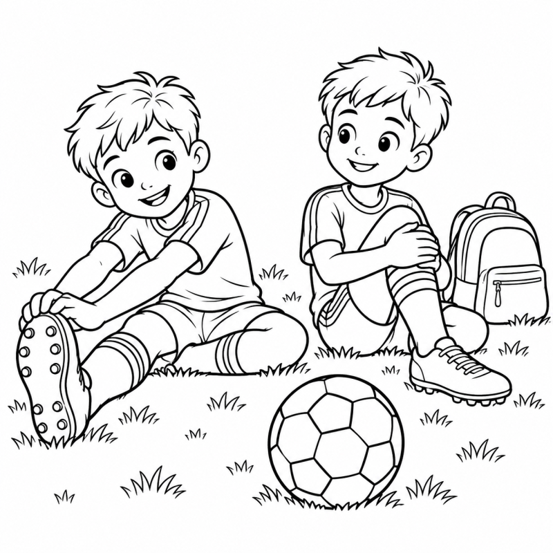 Dois meninos alongando as pernas no gramado com bola e mochila