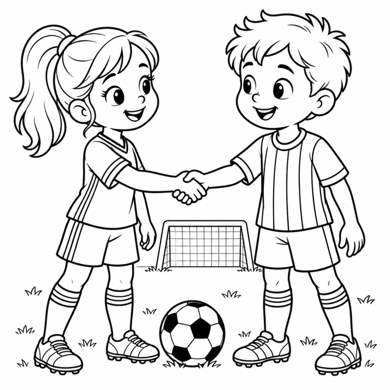 Menina e menino de uniformes de futebol apertando as mãos no campo