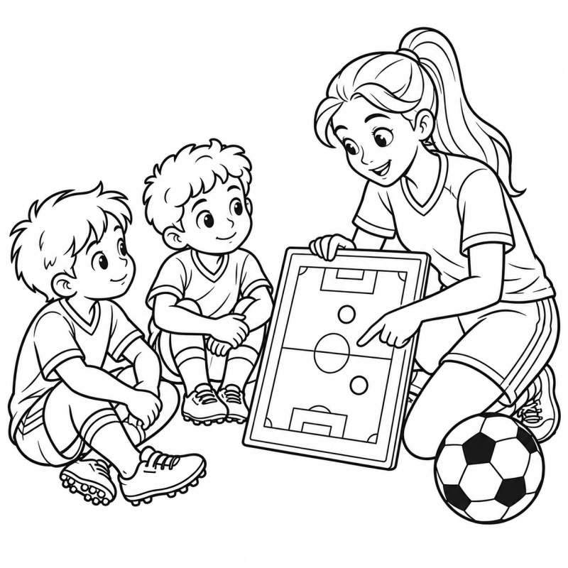 Treinadora apontando quadro tático de futebol para dois meninos sentados