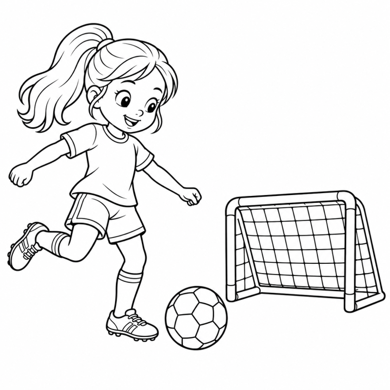 Menina preparando chute com bola diante de mini gol