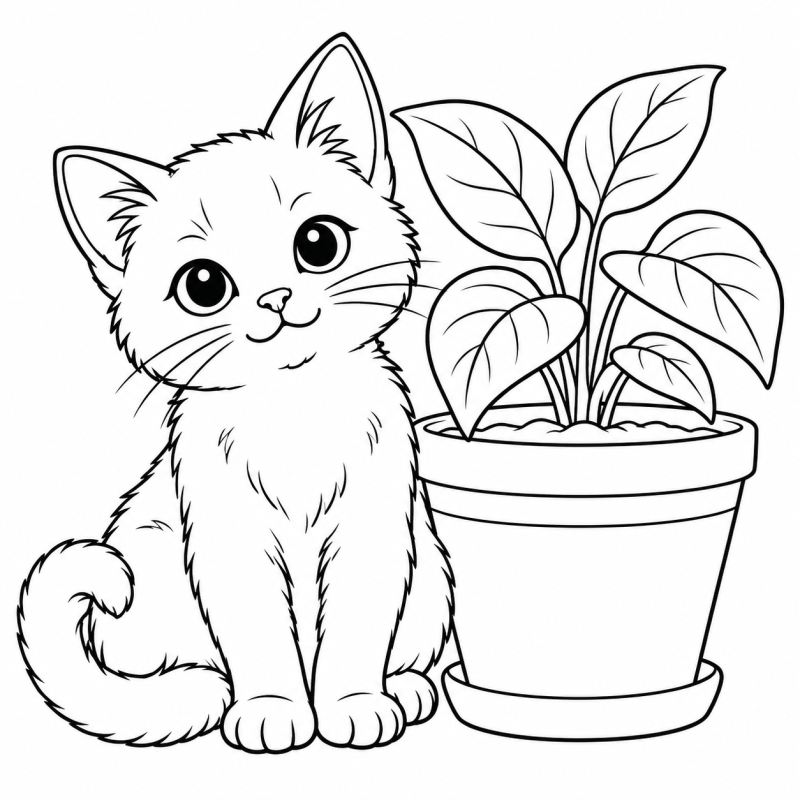 Gatinho sentado ao lado de uma planta