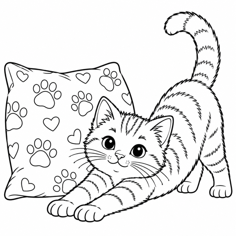 Gatinho se espreguiçando junto à almofada