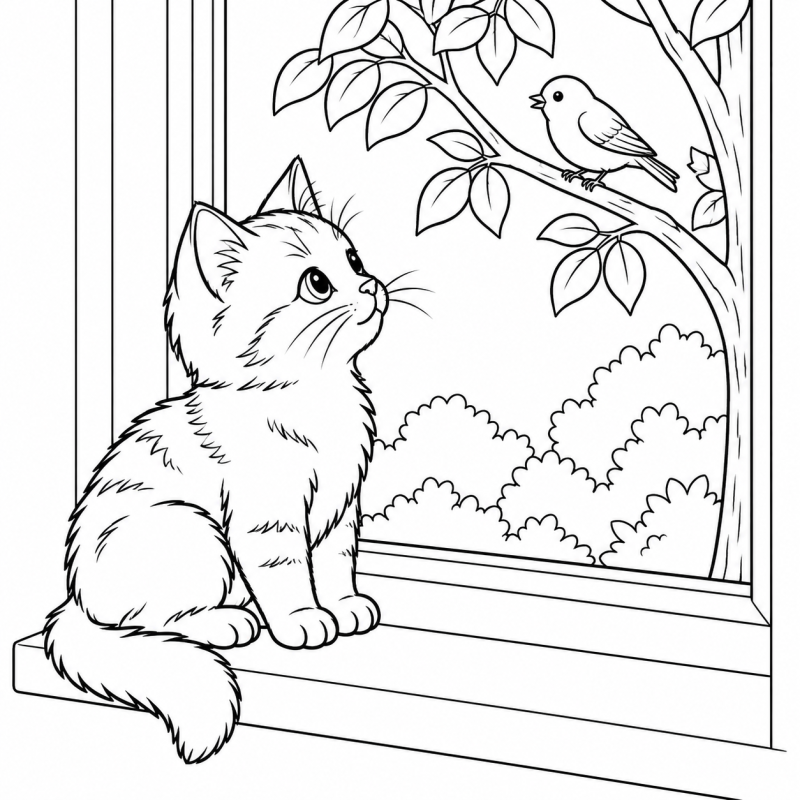 Gatinho na janela observando um pássaro