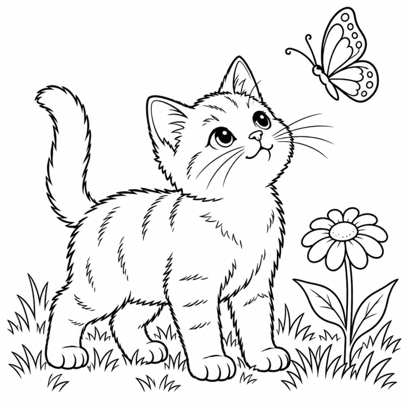 Gatinho olhando uma borboleta no jardim