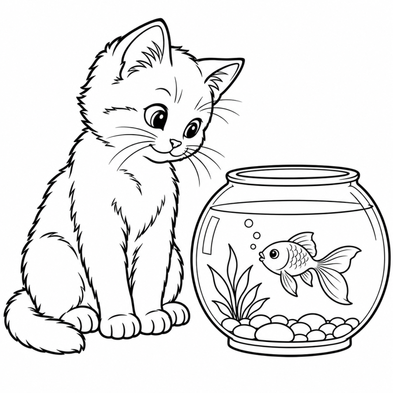 Gatinho observando peixe no aquário