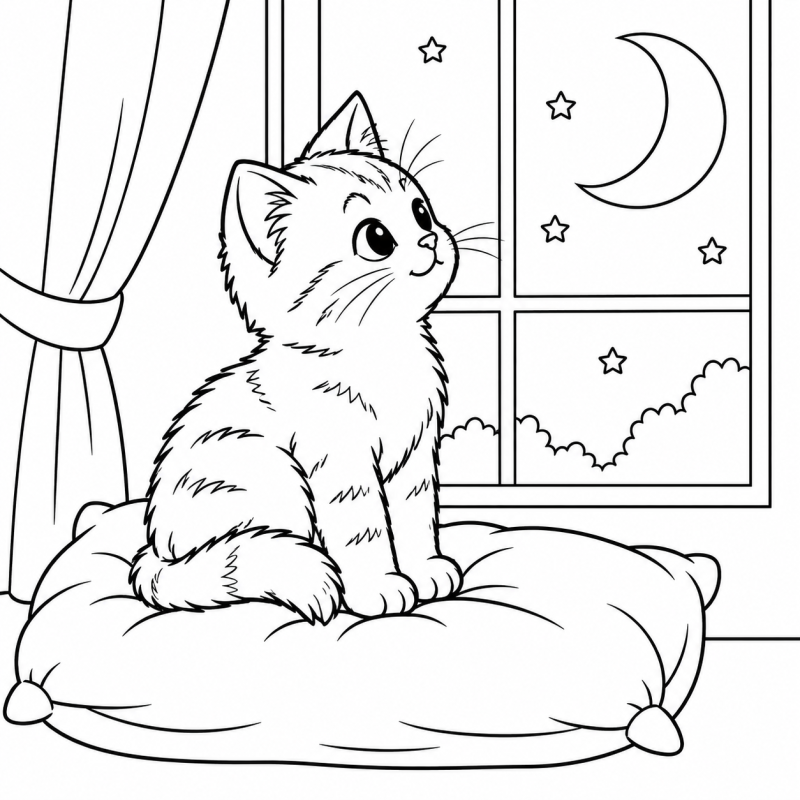 Gatinho olhando a lua pela janela